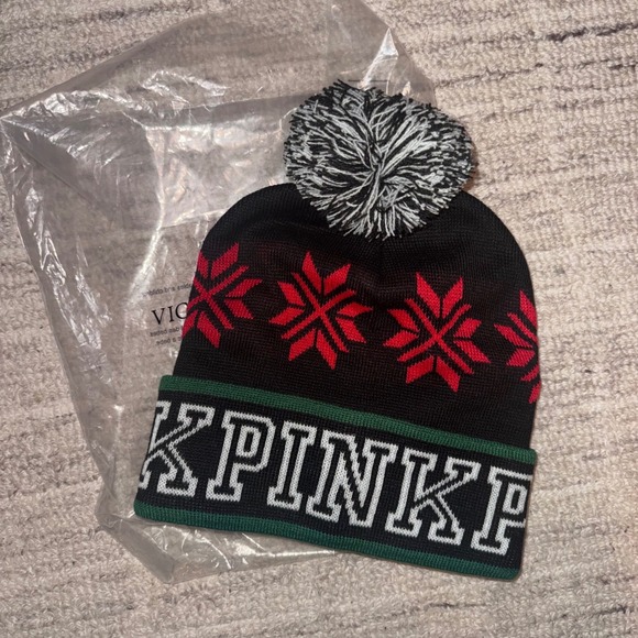 PINK Victoria's Secret Accessories - Victoria's Secret pink fair isle pom-pom beanie